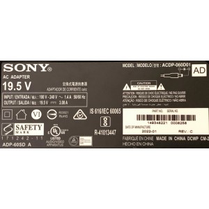 CARGADOR / ADAPTADOR DE FUENTE DE ALIMENTACION AC SONY “NUEVO” / NUMERO DE PARTE  ACDP-060D01 / ENTRADA VCA 100V-240V~1.4A 50/60HZ / SALIDA VCD 19.5V⎓3.08A / MODELO ACDP-060D01 / MODELO COMPATIBLE KDL-43WF663